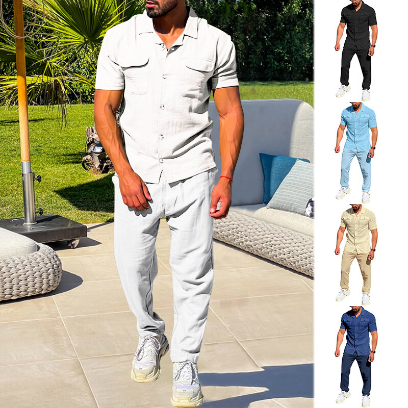 Рубашка и брюки мужские с коротким рукавом, хлопково-льняные штаны, повседневный однотонный пляжный костюм из двух предметов, с воротником-поло, лето