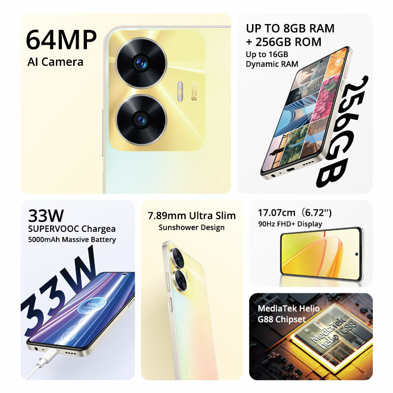 Realme C55 ponsel pintar 6.72 "FHD + layar MediaTek Helio G88 64MP kamera AI baterai 5000mAh 33W mendukung NFC