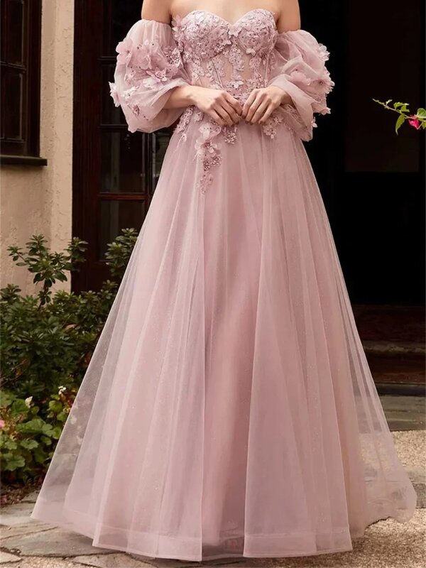 ふわふわスリーブの裸の肩の花のボールドレス、Aラインのタンクトップ、きらめくピンクのチュールボールドレス、フォーマル、プリンセス