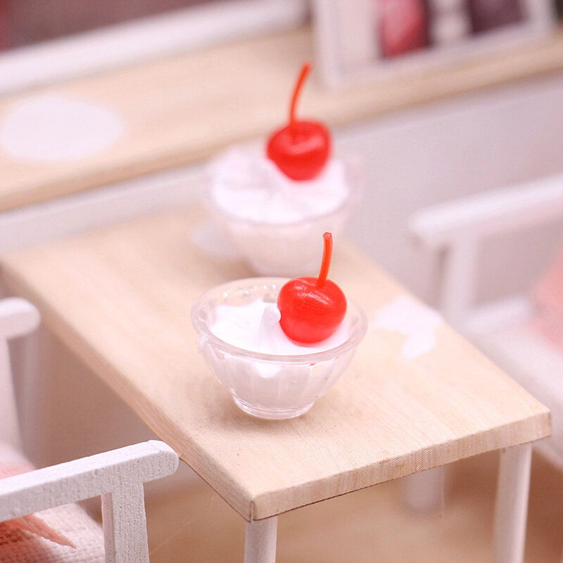 1ชุด1:12 Dollhouse Miniature Cherry ครีมถ้วยช้อนน้ำแข็งชามครีมรุ่น Living ตกแต่งฉากของเล่นบ้านตุ๊กตาอุปกรณ์เสริม