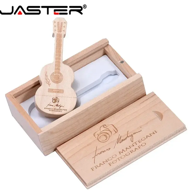 JASTER-무료 사용자 정의 로고 펜 드라이브 기타 모양의 USB 플래시 드라이브 나무 상자 메모리 스틱 음악 Pendrive, 크리에이티브 선물 64GB 128GB