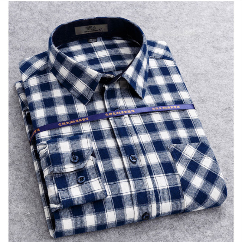 Camisa a cuadros de manga larga para hombre, ropa informal de algodón cepillado, talla grande, franela, 100% algodón