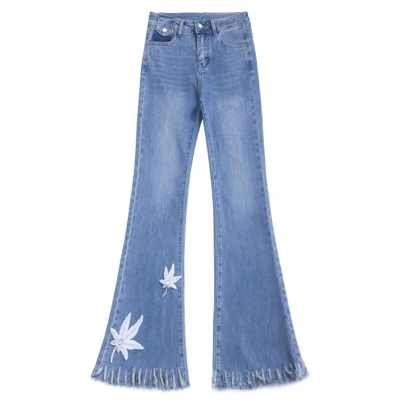 Rough Selvedge Cowboy Bell-Bottoms Women Autumn New High-Waist Contrast Color Slim High-Hanging Slim And  Denim Micro-Trousers