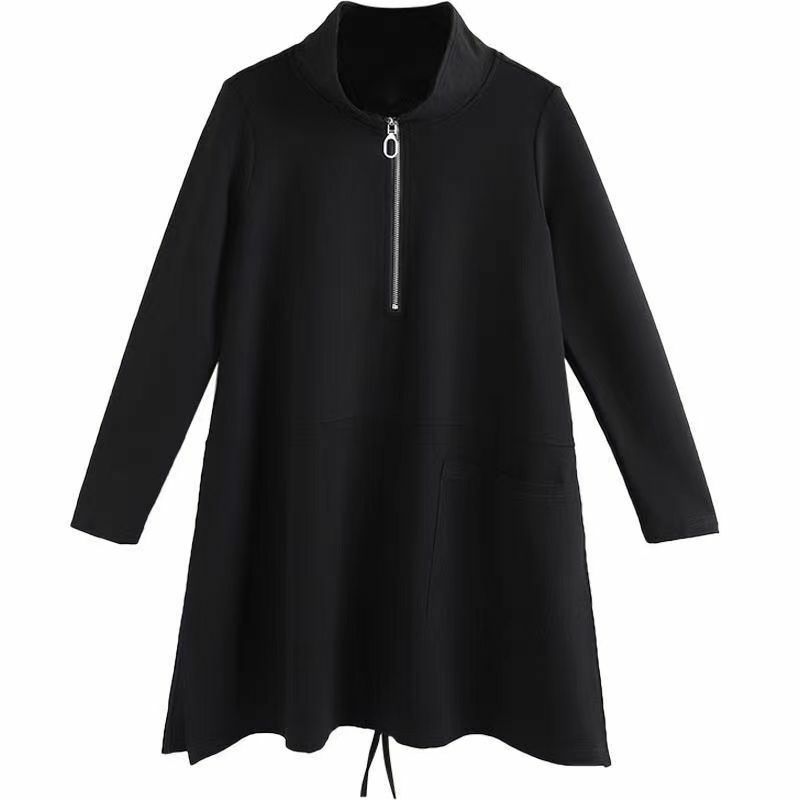 여성용 지퍼 하프 오픈 O넥 솔리드 티셔츠, 긴 소매 후드 셔츠, 느슨한 한국 스타일 포켓 튜닉 탑, 가을 겨울