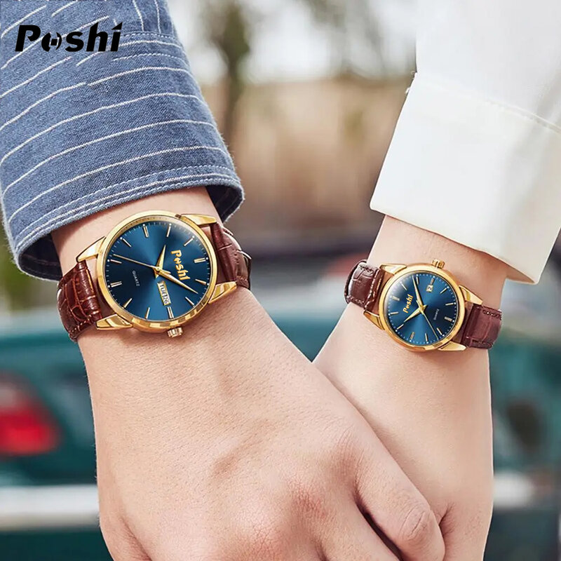 POSHI jam tangan pasangan, jam tangan kuarsa tahan air tali kulit untuk pria dan wanita hadiah