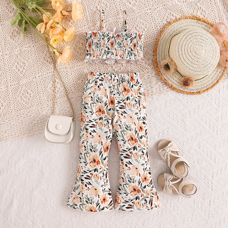 2024-04-02 lioraitiin 9M-5Y Kid Baby Girls Summer 2PCS Pants Sets Sleeveless Ruched Floral Camisole Flared Pants Sets
