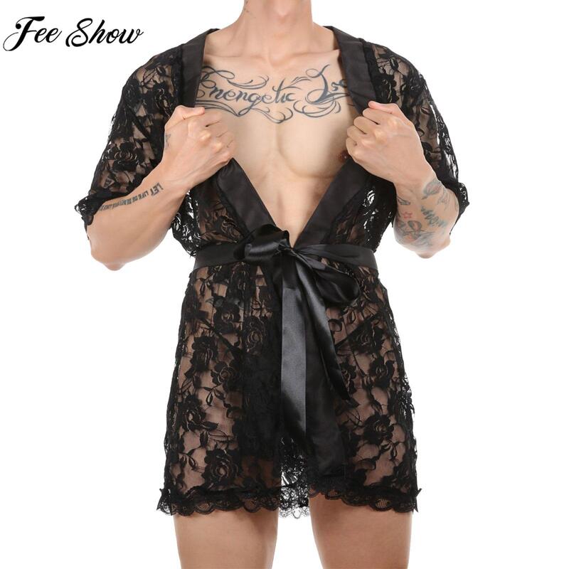 Men Sexy sheer Lace Night-robe Short Sleeve Cardigan nightgown Bathrobe with T-back and Belt Sissy Lingerie Loungewear Nightwear