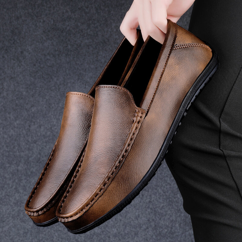 Wysokiej jakości męskie Retro brązowe mokasyny luksusowe męskie buty moda męskie wsuwane buty prawdziwa skóra biznes wszystkie dopasowane męskie płaskie