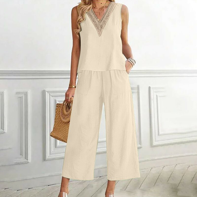 Women 2 Piece Solid Color Loose Fit Jumpsuits Outfits Sleeveless Linen Button Back Crop Top and Wide Leg Pant Set with Pockets