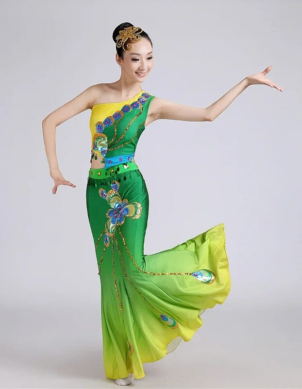 Kostum dansa etnik Dai, kostum pertunjukan, kostum dansa merak, rok etnik Dai Wanita