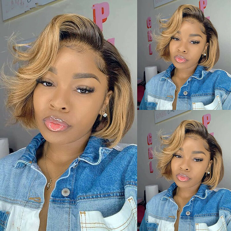 Short Ombre Honey Blonde Bob Wig With Baby Hair Honey Brown Straight Human Hair Wigs Lace Part 1b27 Brown Wigs For Black Women