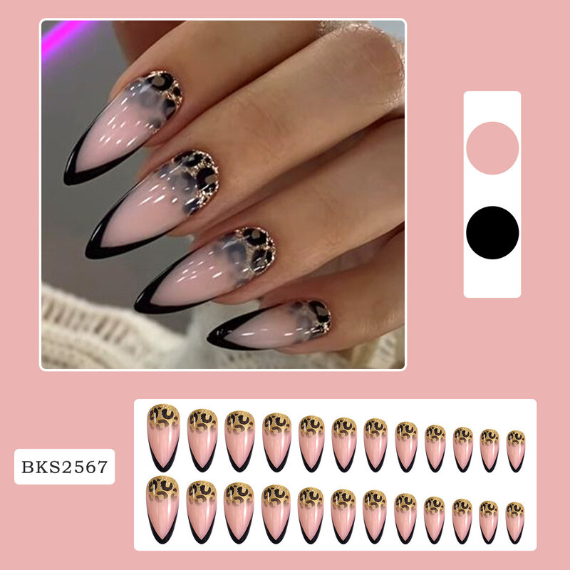 24pcs French Black Fake nails Leopard print Almond Press on Nails Wearable Full Cover False Nails Fashion Women Lady Fake Nails
