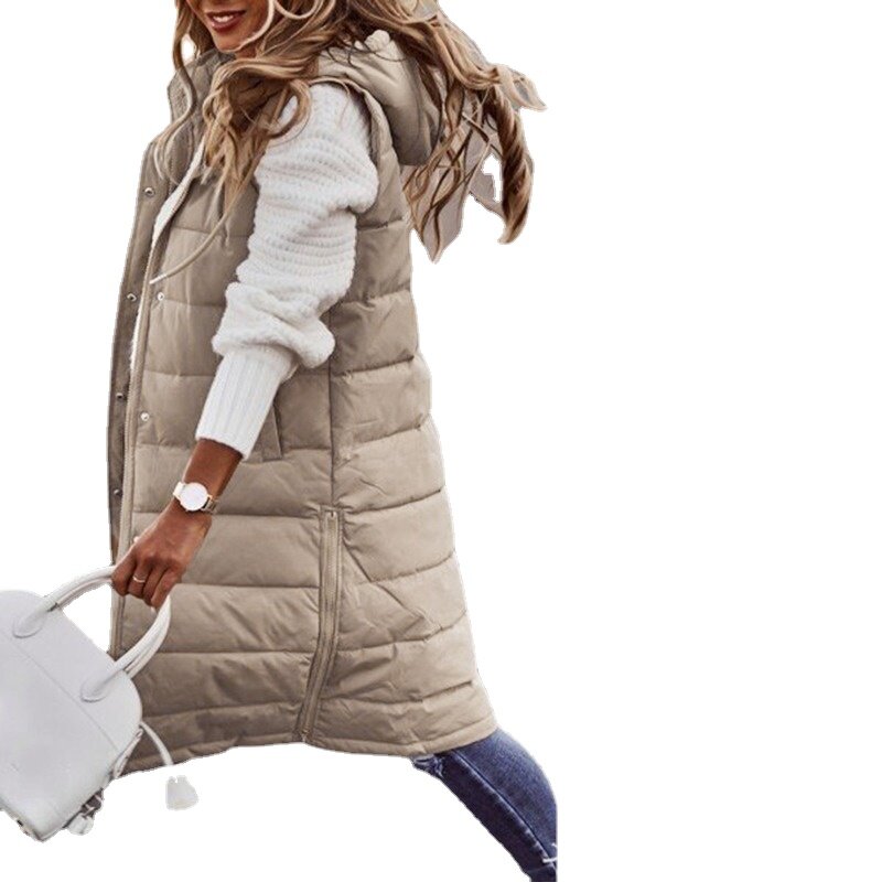 Rompi Mantel Panjang Wanita dengan Tudung Musim Gugur Musim Dingin Tanpa Lengan Mantel Katun Hangat Rompi Berlapis Jaket Luar 5XL