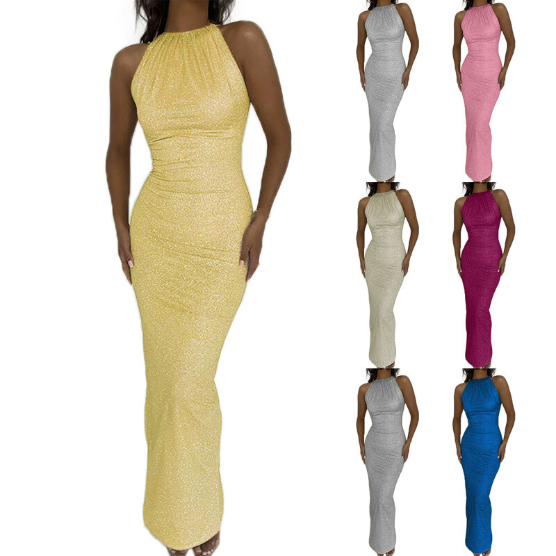 Женские платья, Сексуальные вечерние облегающие платья-Макси без рукавов с открытыми плечами, женское летнее платье с блестками 2024