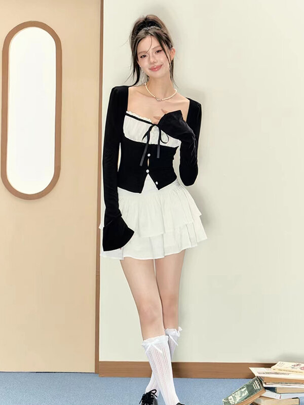 2023 Women Korean Fashion Y2k Outfits 2 Piece Set Long Sleeve Square Collar Sexy Gyaru Tops + Tide Mini Tierred Ruffles Skirts