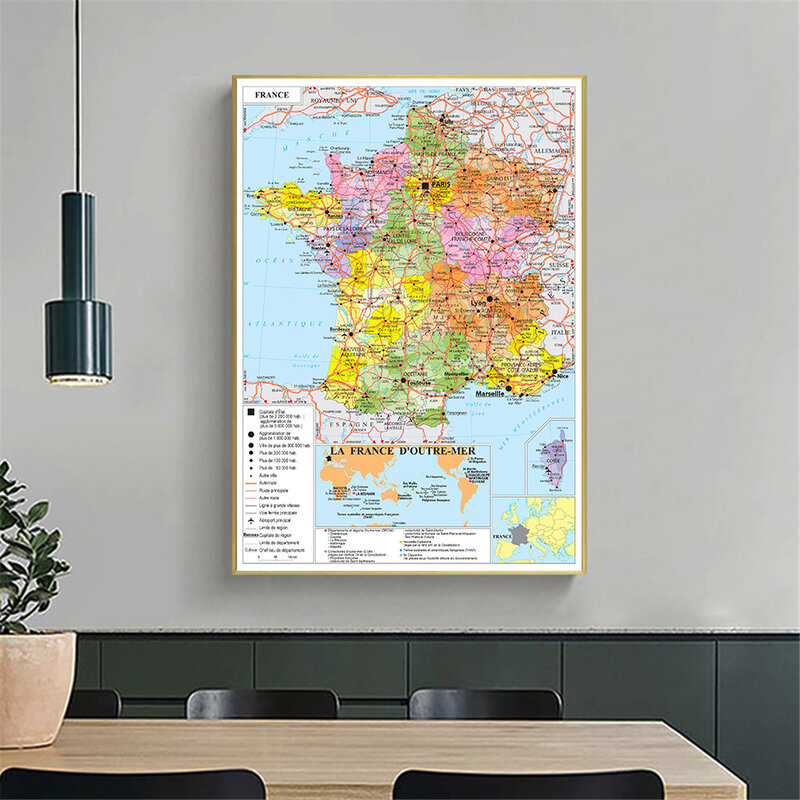 100*150Cm Peta Politik Prancis Di Poster Besar Prancis Lukisan Kanvas Non-woven Ruang Keluarga Dekorasi Rumah Perlengkapan Sekolah