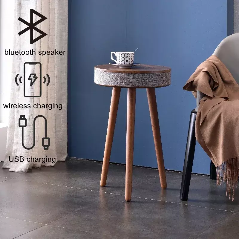 Mesa de café redonda inteligente com alto-falante Bluetooth HiFi, Carregamento sem fio, Sala de estar mesa lateral com áudio estéreo, Mini mesa de chá