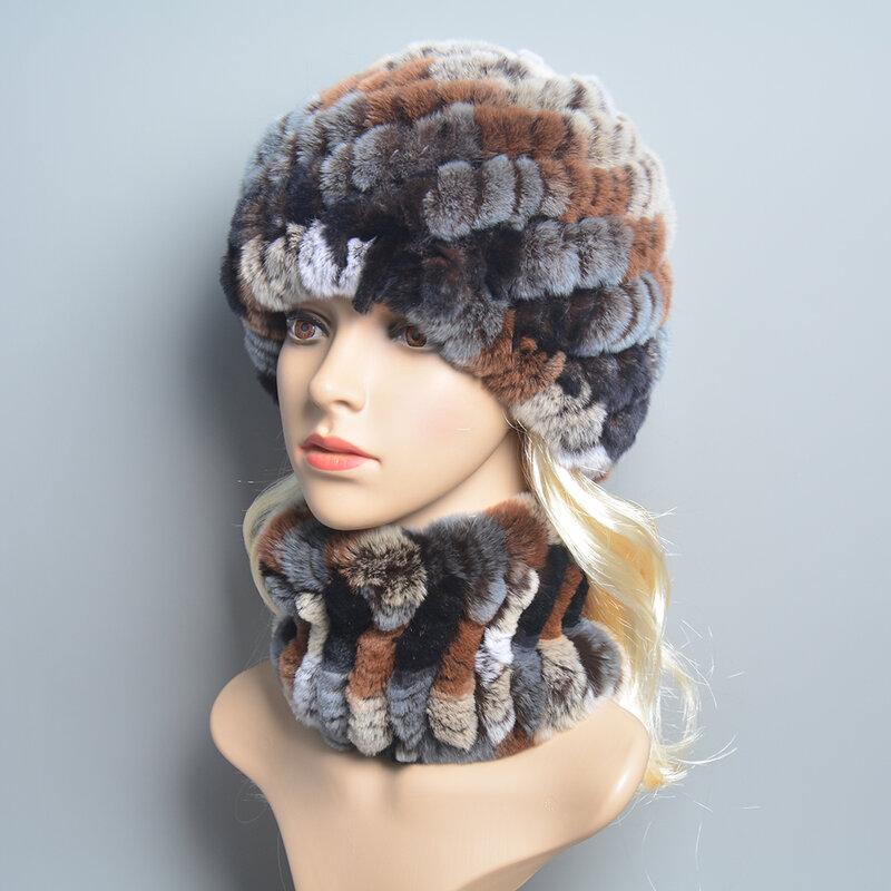 Good Elastic Ladies Real Rex Rabbit Fur Scarf Hat Set Winter Women Warm Natural Rex Rabbit Fur Muffle Cap Real Fur Scarves Hats