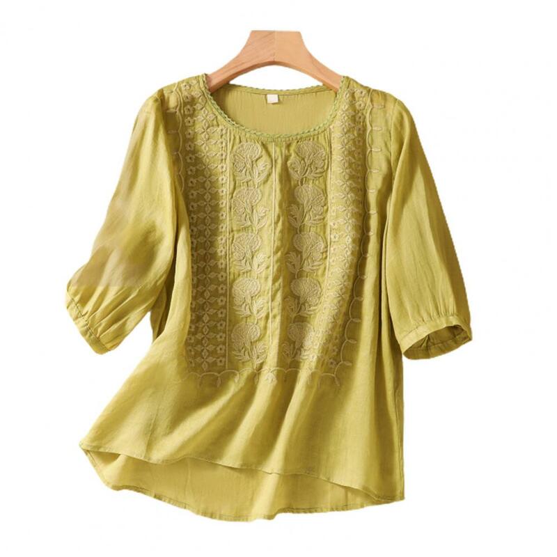 Chic Women Summer Top Flower Embroidery Vintage Round Neck Half Sleeves Thin Dating Ethnic Loose Summer Blouse Female Clothes