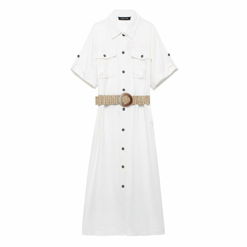 여성용 원피스 레트로 반팔 원피스 셔츠, 분위기 있는 조커 벨트 액세서리, 2024 신상 패션