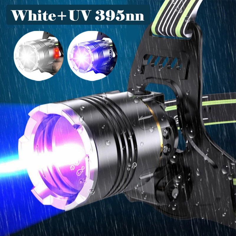 Biały z możliwością powiększenia + podwójne światło reflektor ze źródłem 995 nm latarka czołowa ładowana przez USB czujnik ruchu lampa kempingowa detektor skorpiona