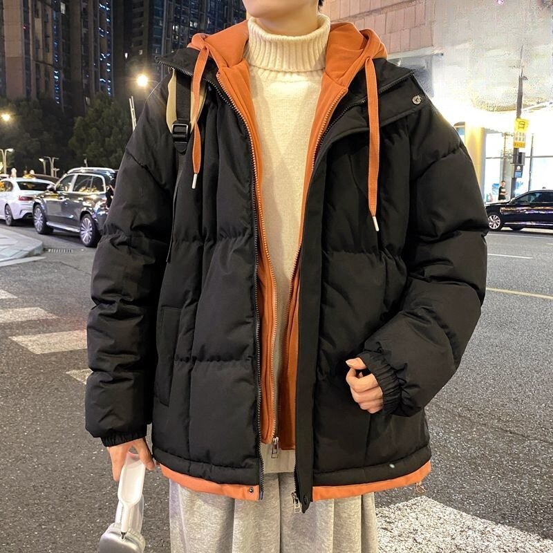 Koreański styl casualowy męski ubrania wyściełane bawełną zimowy męski modny Plus Size sztuczny dwuczęściowy płaszcz na co dzień gruby kaptur ciepła odzież wierzchnia