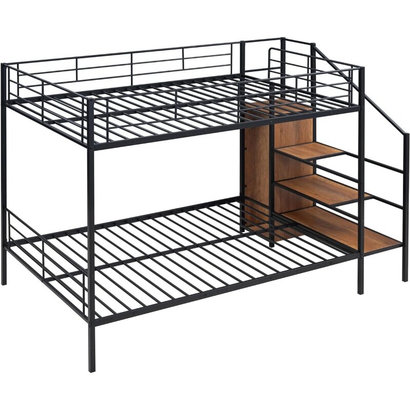 Beliches de metal com escadas e armário, sobre cama de tamanho completo, pesados, pretos, dormitório, meninos e meninas