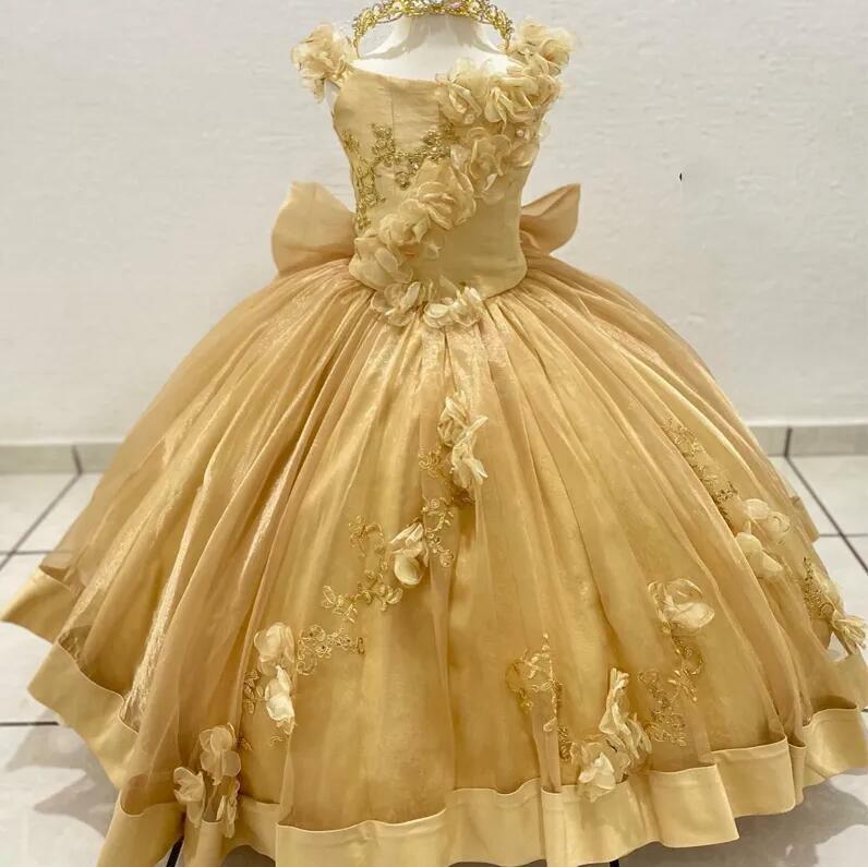 Vestido luxuoso da flor do ouro para meninas, Fora dos apliques do ombro 3DFlower vestidos de baile, Vestido bonito da criança