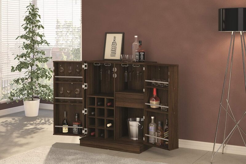 Bar Cabinet for Liquor, Dark Brown Finish Wine Coffee Storage Cabinet with Glasses Rack