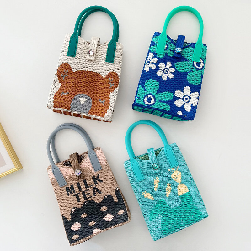 Women's Summer Fresh Mini Bag Cartoon Cell Mobile Phone Bag Cute Student Messenger Bag Knitted Shoulder Purses Handbag shopping