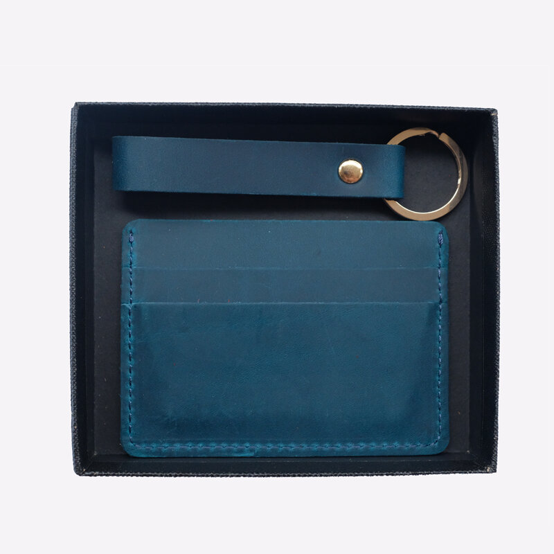 Sarung dompet kartu kulit asli, dompet kartu kulit kuda gila Set kotak hadiah gantungan kunci