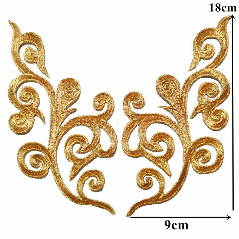 2Pcs Embroidered Gold Flower Baroque Applique Collar Iron Sew Patch Badges For Wedding Bridal Gown Clothes Dress Decor DIY Craft