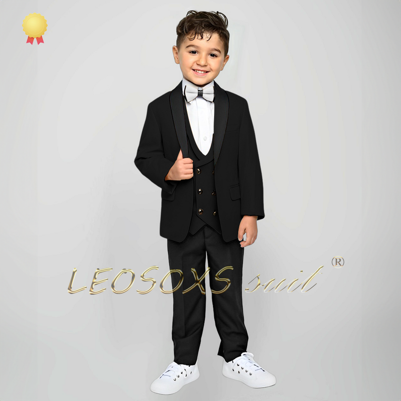 Boy's 3-piece suit and dress set (green fruit collar jacket + double-breasted vest + black trousers) wedding event custom suit