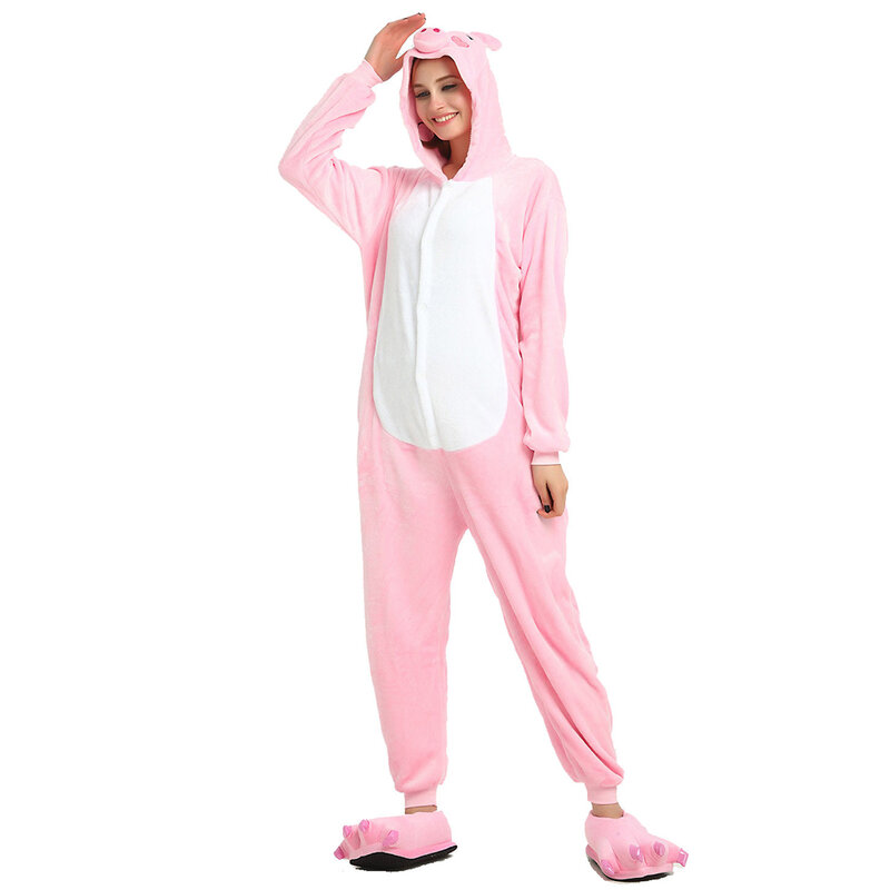 Pijama com capuz de uma peça com cauda curta, porco rosa, botão Onesie, pijamas casal, desgaste do lazer, pijama de flanela com capuz, Shy e Lovely