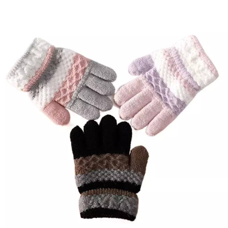 1 paio di guanti invernali caldi per bambini simpatici guanti lavorati a maglia per bambini da bambina con dita divise a righe per 3-8 anni