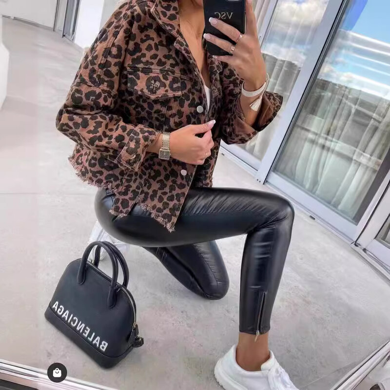 Женская джинсовая куртка с длинным рукавом, свободная повседневная короткая куртка из денима с леопардовым принтом в стиле Харадзюку, 2024