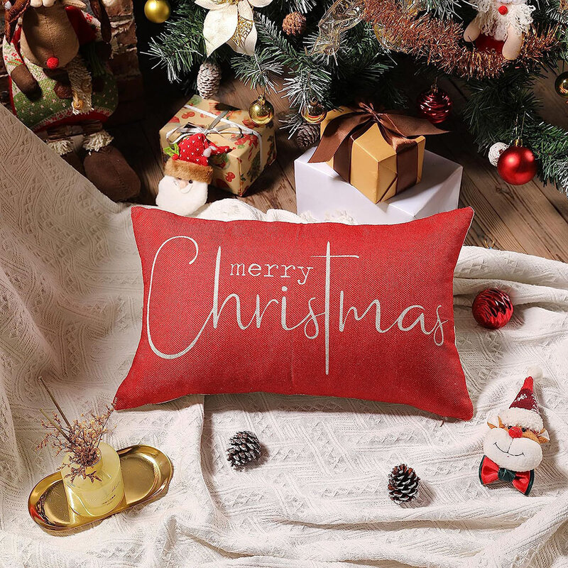 Taie d'oreiller en lin joyeux Noël, housse de coussin imprimée, décoration de la maison, housse de coussin de canapé, arbre de Noël, bonhommes de neige