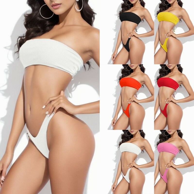 Maillot de bain brésilien pour femmes, sexy, bikini, couleur solide, ensemble deux pièces, bustier tubulaire, rembourré, tenue de plage, été, 2023