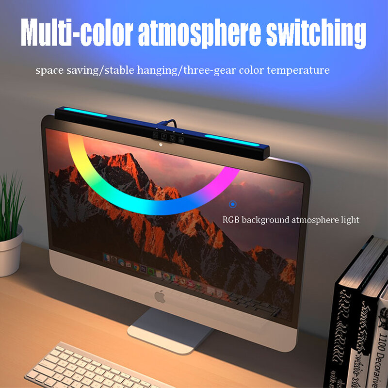 Luz LED para ordenador, barra de luz con Monitor de temperatura de Color ajustable, atenuación infinita, lámparas de atmósfera circulante de siete colores