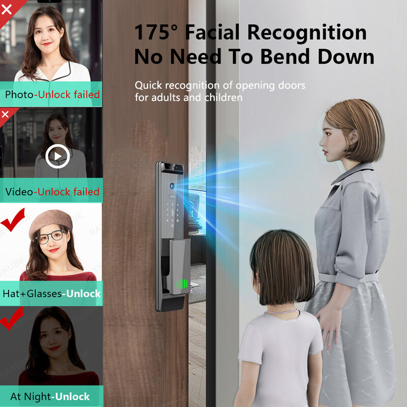 New Q12 Tuya WiFi Finger Vein Recognition&3D Face Smart Door Lock with Built-in Peephole HD Screen Camera 24H Photo Capture