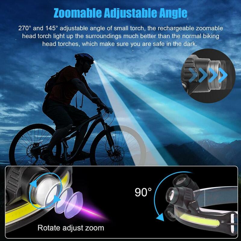 Farol LED Zoomable COB com Sensor de Movimento, Tocha Recarregável USB, Lanterna Farol, 6 Modos, 270 °, Ângulo Ajustável de 90 °, 10W