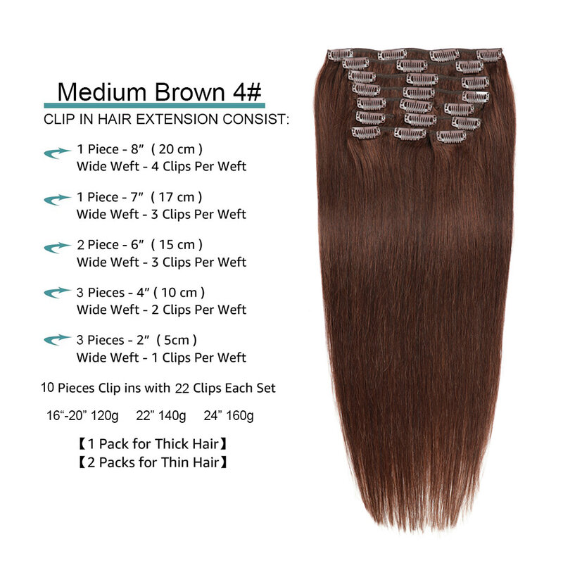 Clip in Hair Extensions Straight Hair Remy Hair Seamless Invisible Clip in Human Hair Extensions 10PCS/PACK Medium Brown #4