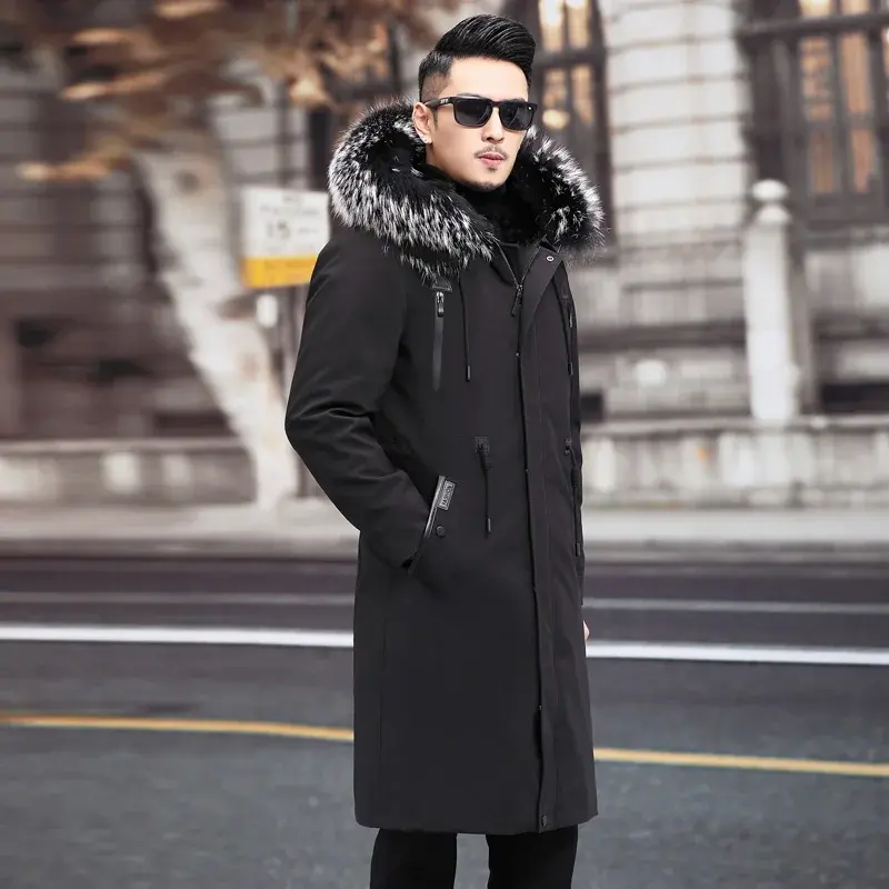 AYUNSUE Real Raccoon Fur Collar Winter Coat for Men Mink Fur Liner Fur Coat Men Parka Hooded Warm Long Trenchcoat Casaco De Pele