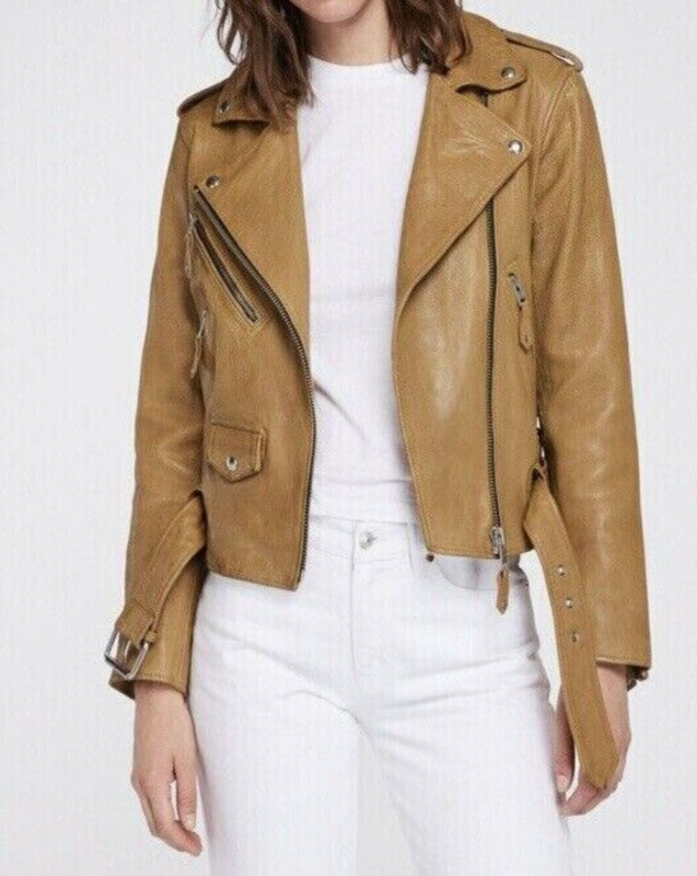 Women Tan Brown Real Lambskin Leather Soft Jacket Biker Motorcycle Racer Outfit