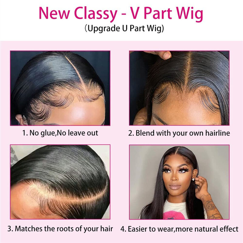 Straight V Part Wig com clipes para mulheres, cabelo humano, sem deixar de fora, Remy Hair brasileiro, meia peruca, Glueless Machine Made