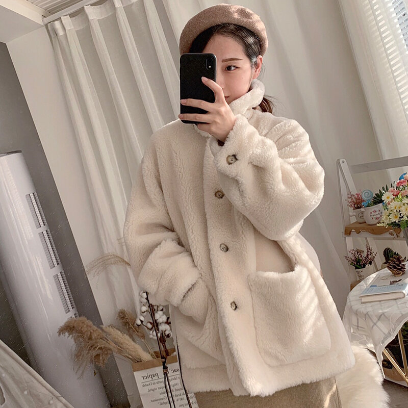 AYUNSUE Korean Wool Fur Coat Real Fur Jacket Women Clothes Casual Overcoat Spring Autumn Long Sleeves Warm Loosen Tops Zm1067