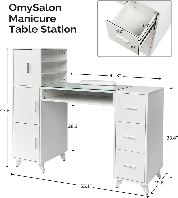 Manicure Table Nail Desk for Nail Tech w/Glass Top & Wrist Rest, Beauty Salon Nail Supplies Decor Workstation Acetone Resistant