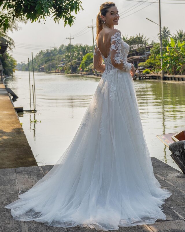 Gaun pengantin renda putih A-line sendok punggung terbuka taman negara 2023 gaun pengantin gaun pengantin renda vestido de novia ZJ012