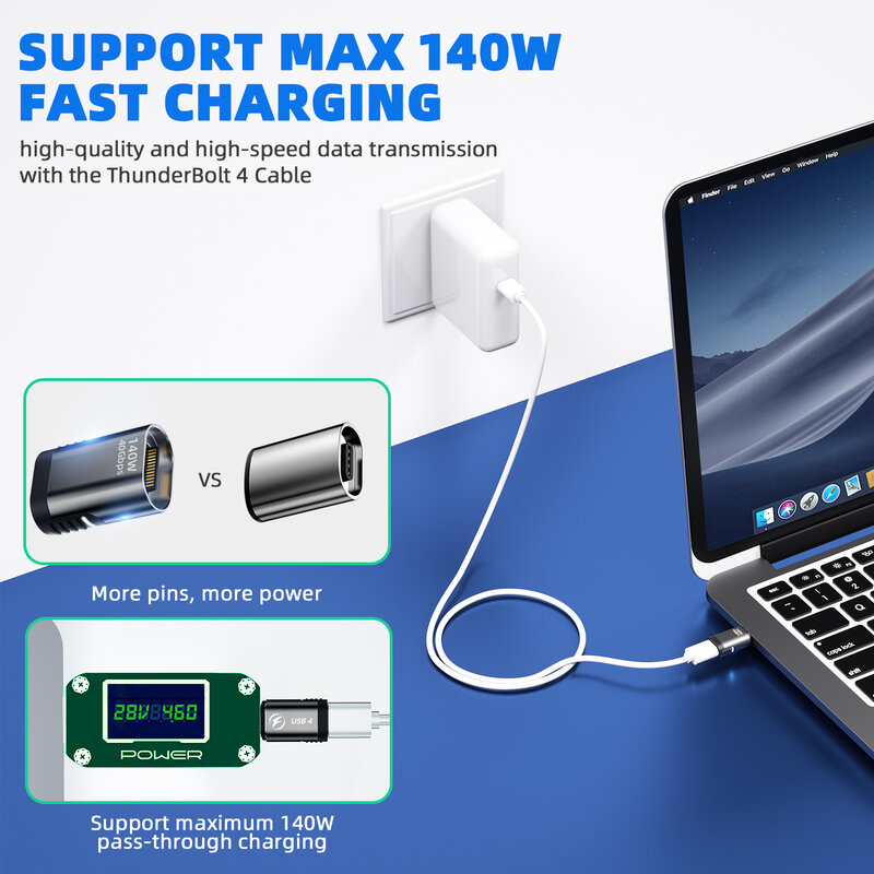 맥북 프로 에어용 마그네틱 USB 4.0 C타입 OTG 어댑터, 합금 썬더볼트 3 고속 충전 비디오 컨버터, PD140W, 40Gbps, 8K @ 60HZ