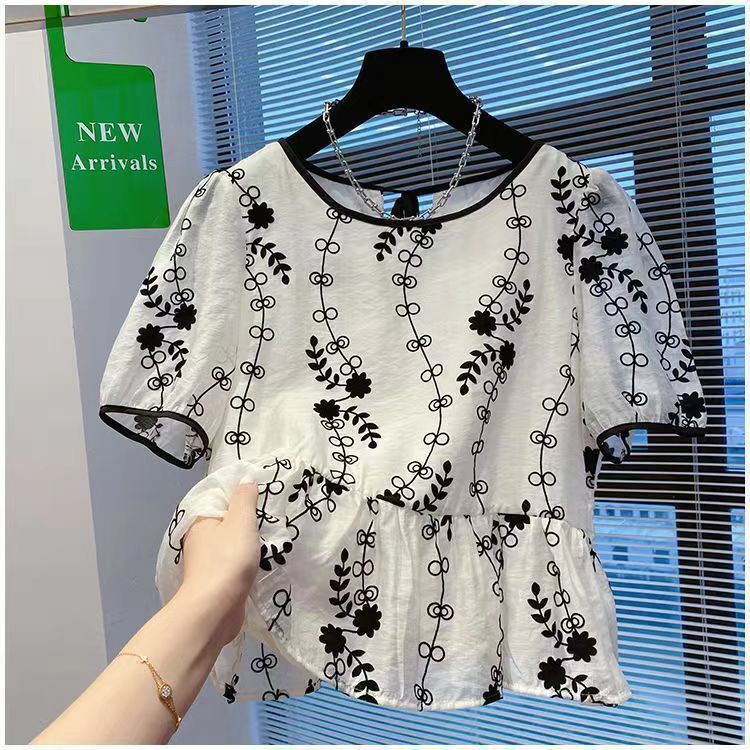 Camisas de gasa con estampado Floral para mujer, blusa holgada de manga corta con cuello redondo, F50, 2024
